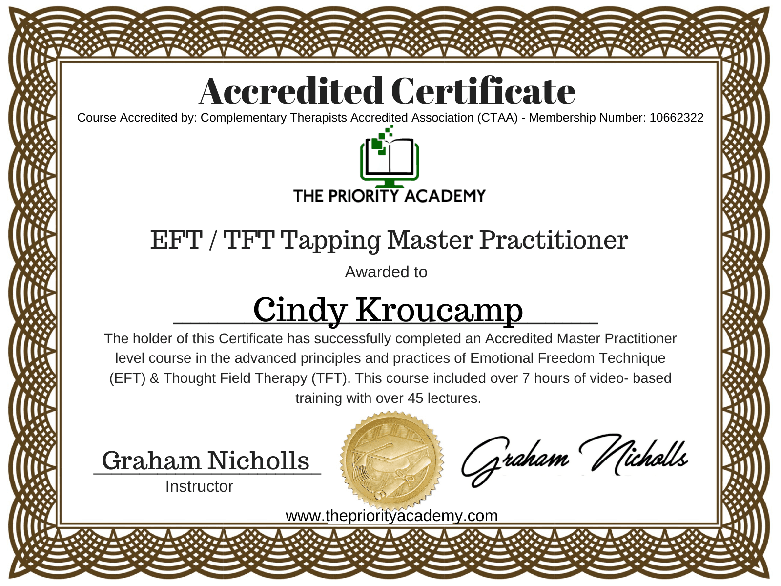 EFT / TFT Tapping Master Practitioner certificate