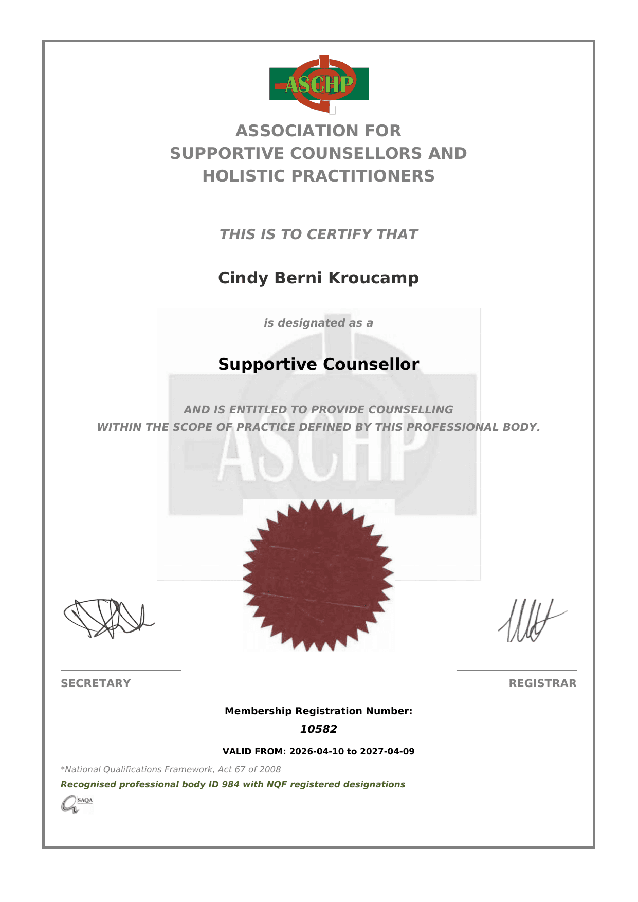 Supportive Counsellor membership certificate